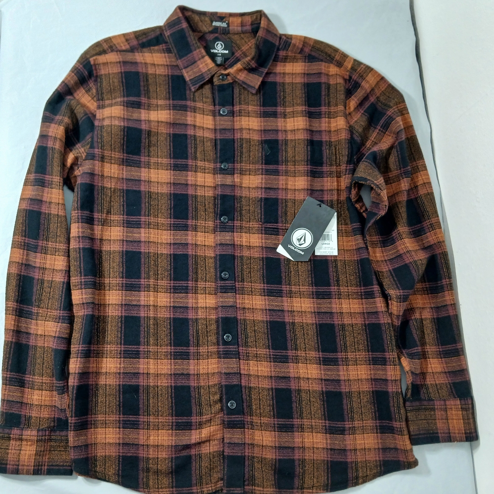 Volcom Men's Plaid Flannel Shirt - Black and Orange